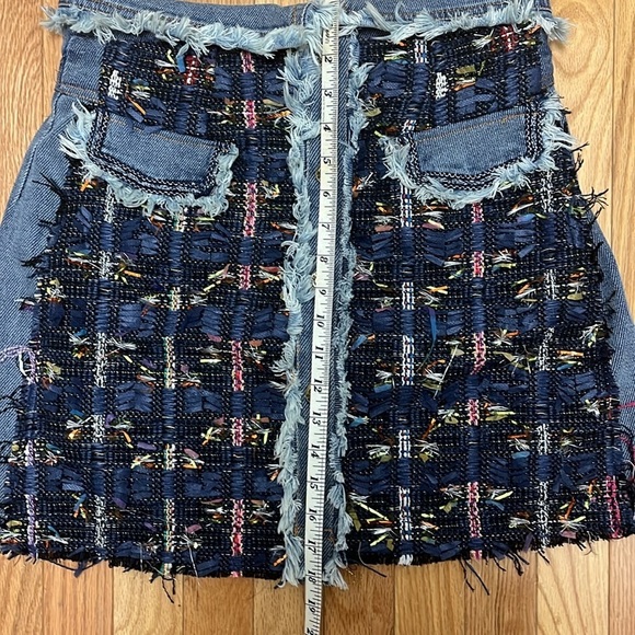 LUXURY BUTTON FRONT FOLDOVER HIGH RISE A-LINE TWEED DENIM MINI SKIRT - Picture 5 of 5